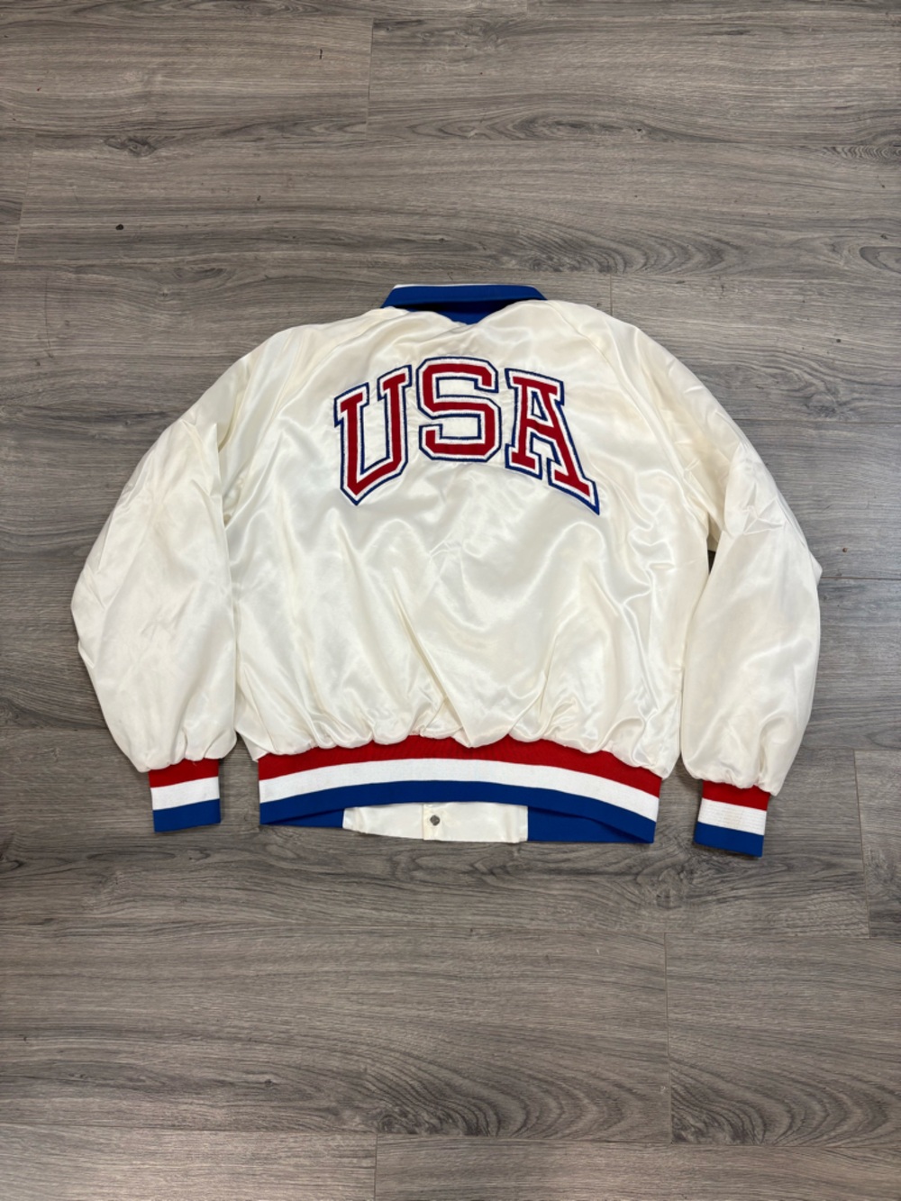 Vintage Cream Olympic Satin Bomber Jacket with Red & Blue Trim